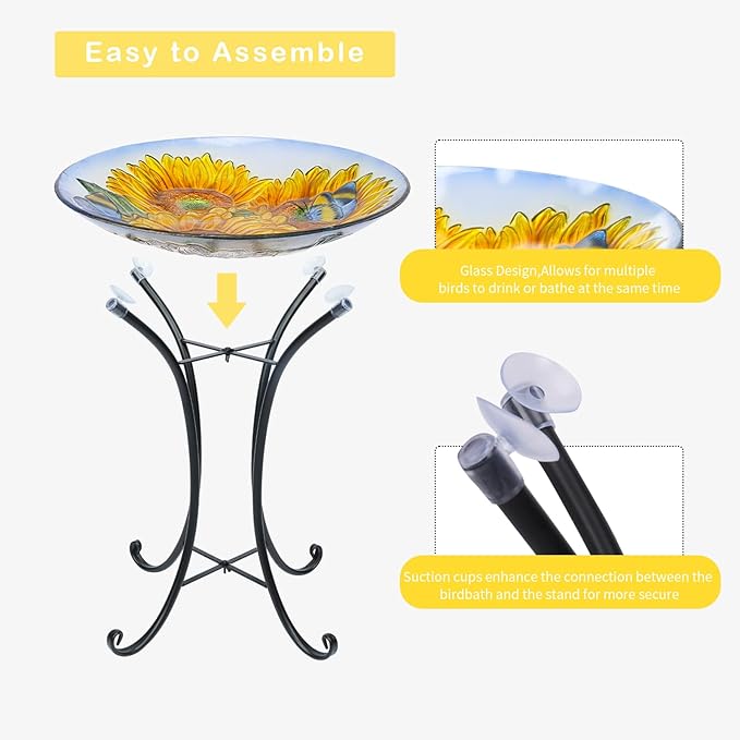 VCUTEKA Bird Baths for Outdoors, Glass Bird Bath with Metal Standing for Garden, Yards Patio Décor, Bird Lovers Gift, Sunflower Glass Birdbath Detachable (22" H * 18" W)-VerdiqueGarden