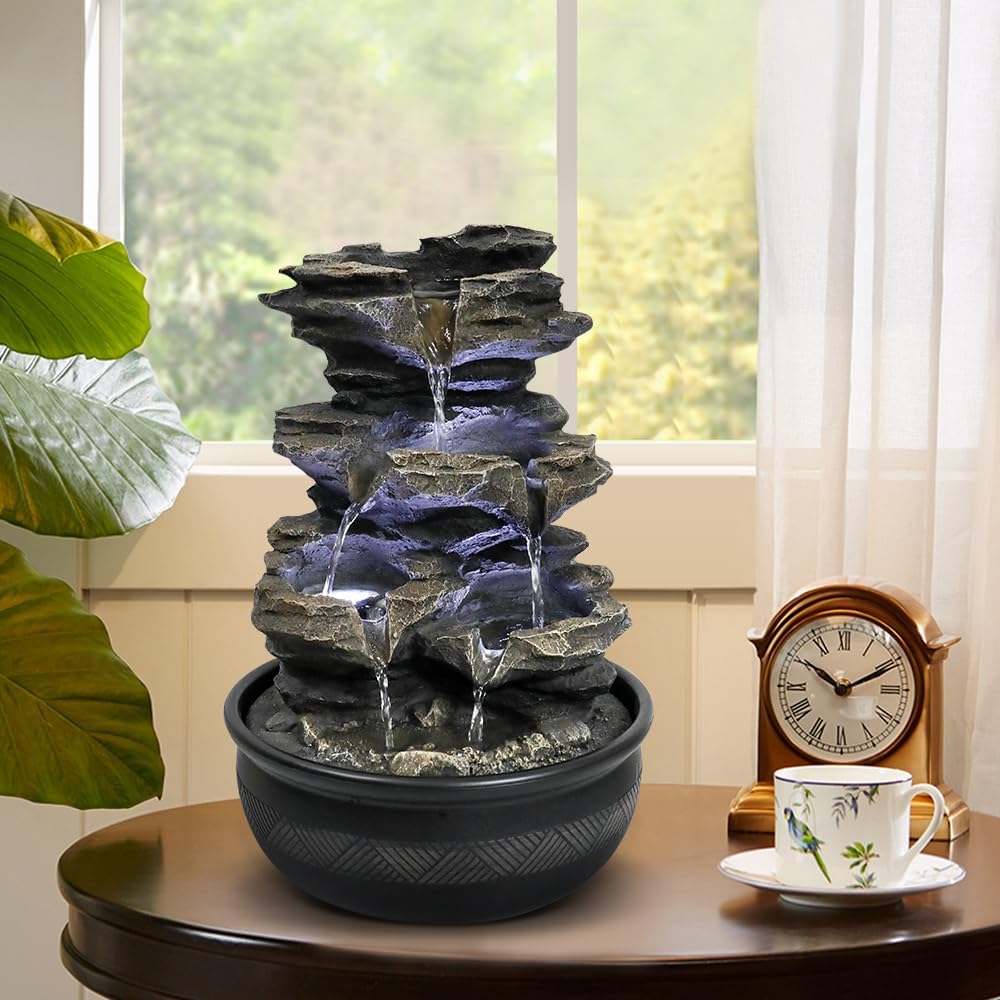 15.7” High Rock Falls Tabletop Water Fountain with LED Lights - Indoor 5-Tier Cascading Fountain for Home and Office Decor (Gray_3, 15.7" high)-VerdiqueGarden
