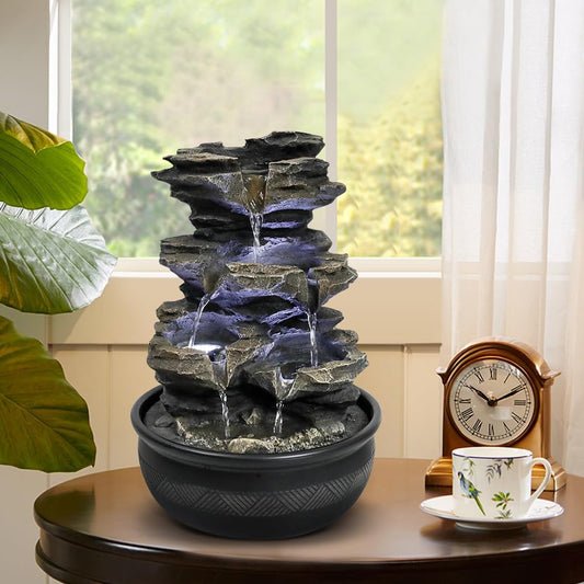 15.7” High Rock Falls Tabletop Water Fountain with LED Lights - Indoor 5-Tier Cascading Fountain for Home and Office Decor (Gray_3, 15.7" high)-VerdiqueGarden