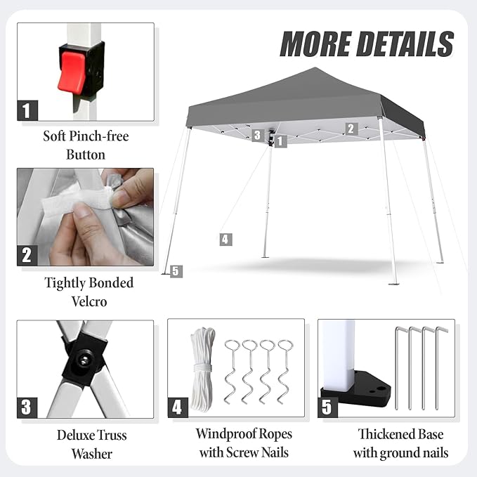 10x10 Pop Up Canopy, 300D Silver Coated Grey Fabric Outdoor Gazebo, Beach Tent Slant Legs with Storage Bag,Easy Up Sun Shade Shelter Tents with 8x8 Top Cover for Patio,Party-VerdiqueGarden