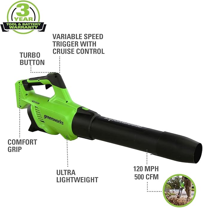 Greenworks 40V 21" Self-Propelled Lawn Mower,Axial Leaf Blower(500 CFM / 120 MPH),13" String Trimmer, 160 PSI Portable Tire Inflator, Includes 2 Batteries(5Ah+2Ah) & Chargers-VerdiqueGarden