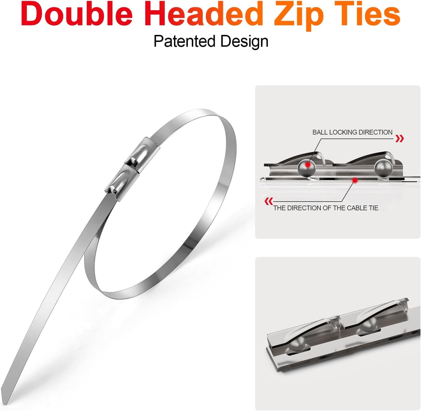 Metal Zip Ties (200PCS 11.8 Inch), 304 Stainless Steel, 300 LBS Heavy Duty Double Headed Self-locking Multi-Purpose Cable Ties for Exhaust Wrap, Chain Link Fence Parts, Machinery, Cables, Farms, Roofs-VerdiqueGarden