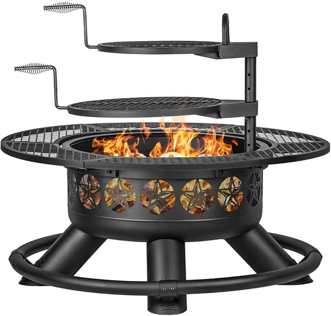 47 Inch Outdoor Fire Pit with 2 Grills, Extra Large BBQ Firepits for Outside, Metal Round Fire pits with Lid&Fire Poker,3 in 1 Wood Burning Outdoor Fireplaces for Backyard,Patio,Bonfire-VerdiqueGarden