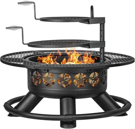 47 Inch Outdoor Fire Pit with 2 Grills, Extra Large BBQ Firepits for Outside, Metal Round Fire pits with Lid&Fire Poker,3 in 1 Wood Burning Outdoor Fireplaces for Backyard,Patio,Bonfire-VerdiqueGarden