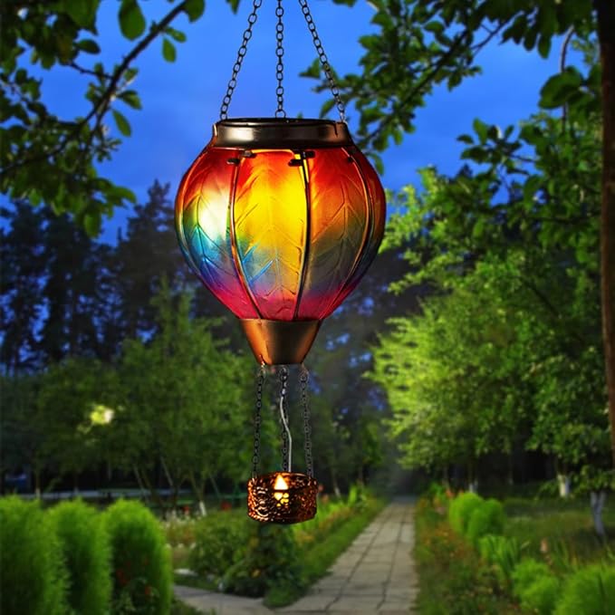 Starsoul Hot Air Balloon Solar Lantern with Candle Holder Solar Hot Air Balloon Flickering Flame Hanging Garden Light Waterproof Glass Hot Air Balloon Solar Lamp Decorative for Lawn Porch Tree Yard-VerdiqueGarden