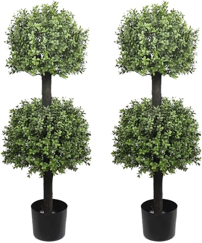 Artificial Topiary Trees Outdoor Boxwood Double Ball 40''T Potted Plants Home Decor 2 Pack-VerdiqueGarden