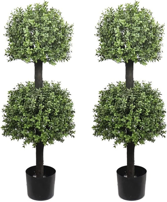 Artificial Topiary Trees Outdoor Boxwood Double Ball 40''T Potted Plants Home Decor 2 Pack-VerdiqueGarden