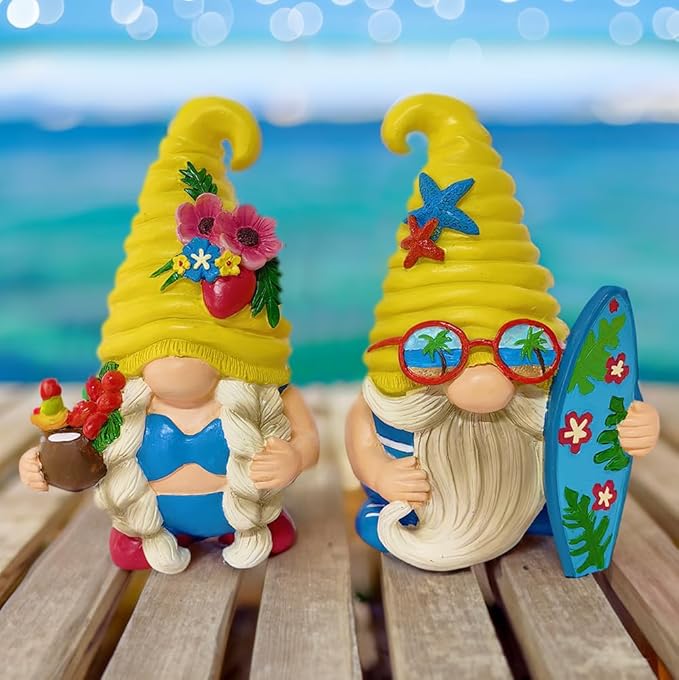 Spring & Summer-Themed Garden Statues – Adorable Outdoor Decor for Lawn, Patio & Porch (Tropical Beach Gnome Duo Figurine Set, Cute 6" Summer Decoration Garden Statue)-VerdiqueGarden