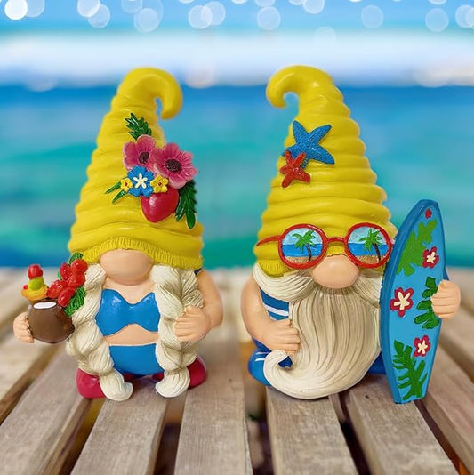 Spring & Summer-Themed Garden Statues – Adorable Outdoor Decor for Lawn, Patio & Porch (Tropical Beach Gnome Duo Figurine Set, Cute 6" Summer Decoration Garden Statue)-VerdiqueGarden