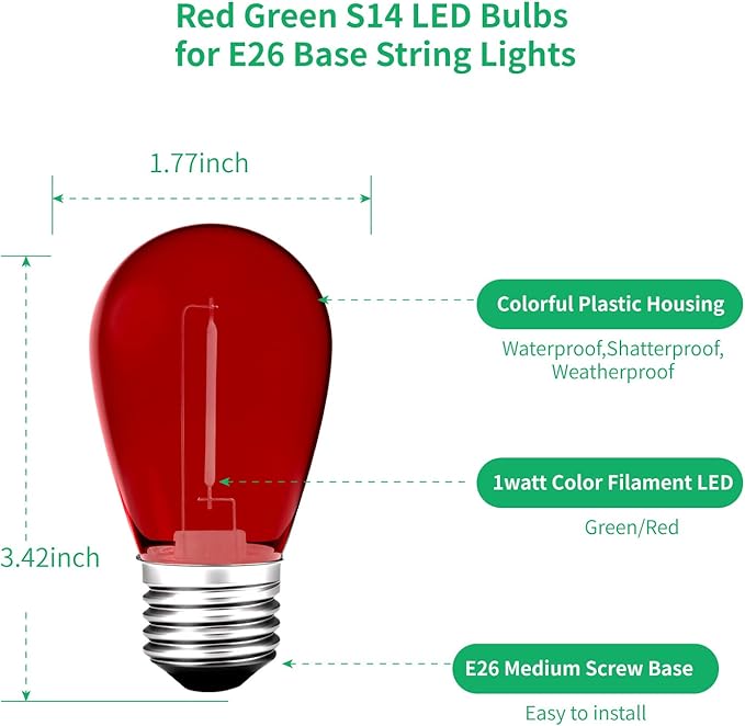 S14 Colored LED String Light Bulbs, 24-Pack 1W Plastic Shatterproof Waterproof Outdoor Indoor Replacement Bulbs for Home Decor, E26 Medium Screw Base, Red and Green Christmas Bulbs-VerdiqueGarden