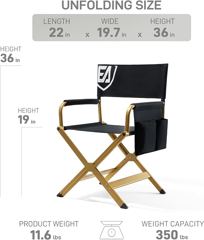 EVER ADVANCED Aluminum Directors Chair, Folding Studio Movie Chairs Camping Event Vendor Chair, 19" Seat Height Black Fabric/Golden Frame, Support 350lbs-VerdiqueGarden