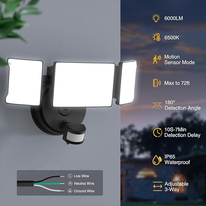 Onforu 65W Motion Sensor Outdoor Lights, 6000lm 6500K Daylight Flood Light Outdoor Motion Sensor, IP65 Waterproof Motion Detected Lights for Outside, Hardwired LED Security Light for Garage Yard-VerdiqueGarden
