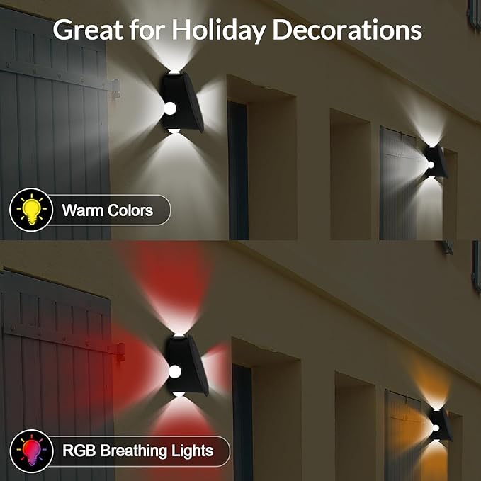 Outdoor Wall Lights - 4 LED Solar Lights for Outside - IP65 Waterproof-RGB Multicolor - Auto On/Off - 1200mAh Battery, Use on The Fence, Patio, Yard, Garden, Porch&More 2 Pack (Multicolor)-VerdiqueGarden
