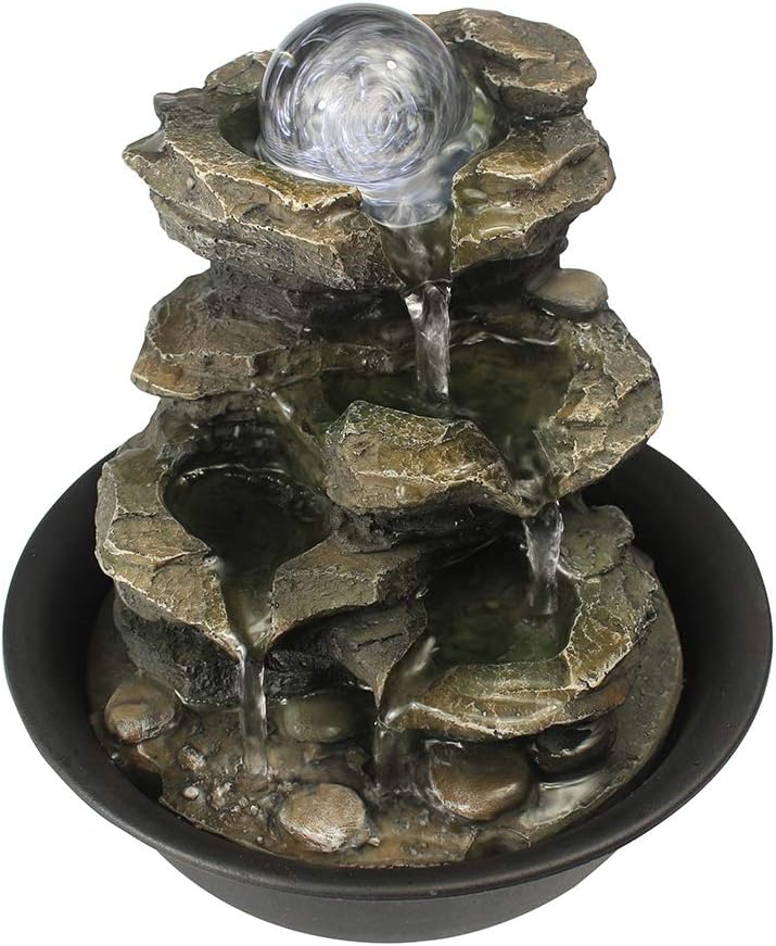 8.3" High 4-Tier Cascading Rock Falls Tabletop Water Fountain with LED Light & Spinning Ball - Indoor Small Waterfall Feature for Office, Home and Bedroom Desktop Decor Dark Grey-VerdiqueGarden