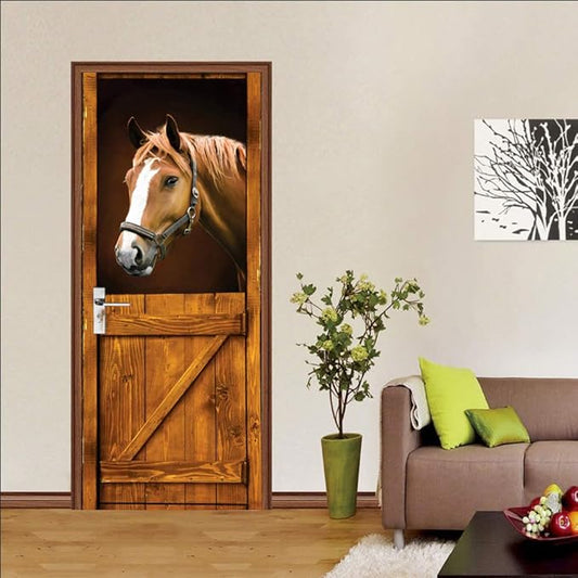3D Horse Door Stickers Murals Peel and Stick - Self-Adhesive Wallpaper Decals, Removable PVC Waterproof Poster for Bedroom Living Room 37.4" x 78.7"-VerdiqueGarden