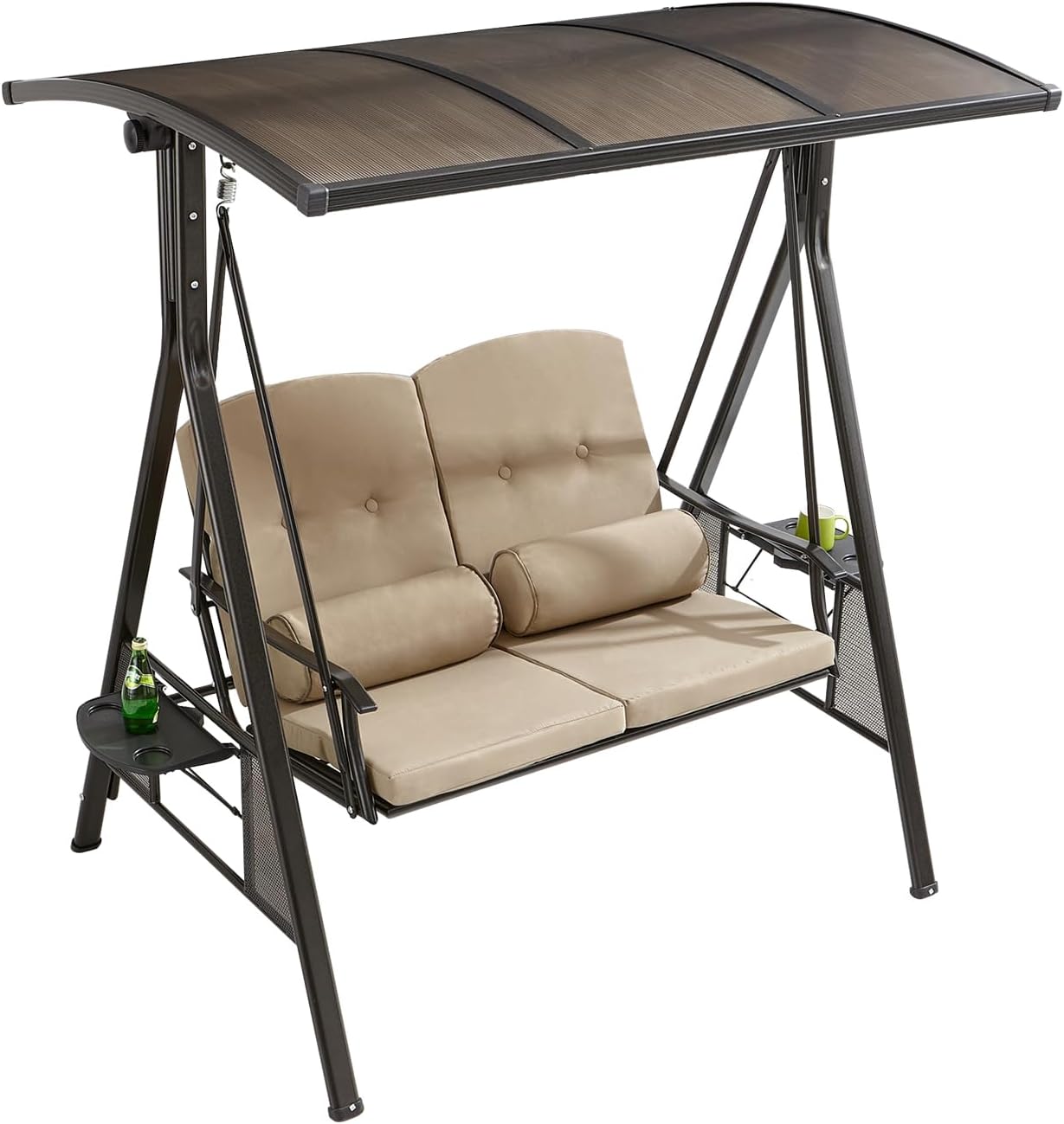 2/3-Seat Outdoor Patio Porch Swing with Adjustable Aluminum Alloy Canopy Solar Patio Swing Chair Bench with Footrest Side Cup Holder for Backyard Lawn (Panama-2 Seat)-VerdiqueGarden