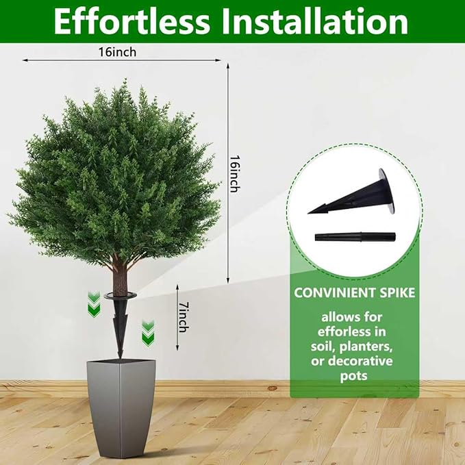 Artificial Set of 2 Cedar Topiary Ball Trees 16" for Outdoors with Ground Spike, UV Resistant Faux Cypress Plants, Evergreen Shrubs Bushes for Front Porch Garden Backyard Decor-VerdiqueGarden