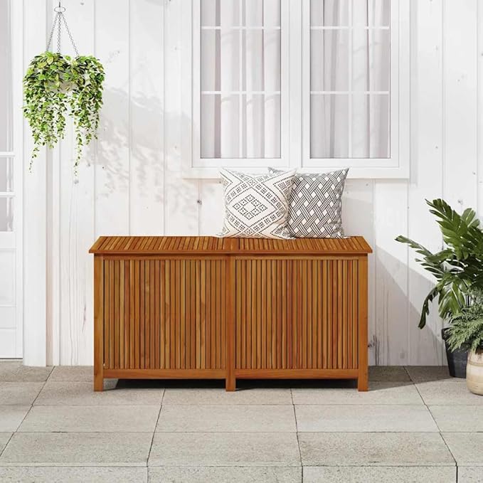 vidaXL Wooden Outdoor Storage Box with Gas-Lift Lid – Patio Deck Chest with Zippered Waterproof Bag for Garden Bench, Pool, Porch, Trunk, Cabinet, Teak Look – Brown, 59.1"x31.5"x29.5"-VerdiqueGarden