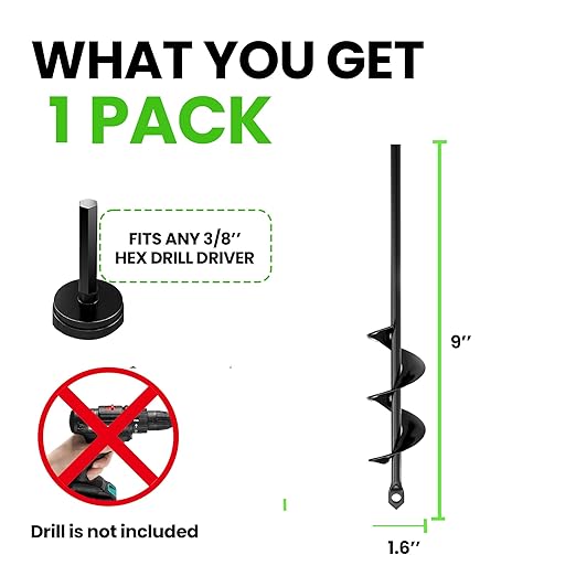 K-Brands Auger Drill Bit for Planting – 1.6 x 9 Inch - Spiral Hole Planter for Bulbs, Bedding Plants, and Umbrella Holes - 3/8 Inch Hex Drive-VerdiqueGarden