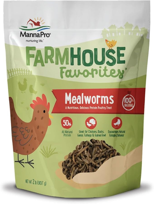 Manna Pro Farmhouse Favorites Mealworms Poultry Treat - Protein Treat for Chicken - Poultry, Turkey, Ducks, Geese, and Guinea Fowl Treat - Contains 50% Protein - 100% Natural Poultry Snack - 2lbs-VerdiqueGarden