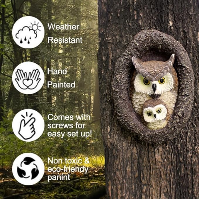 Owl Mom and Owlet Tree Hugger, Outdoor Garden Sculpture Tree Faces, Owl Bird Garden Resin Statue, Tree Peeker Ornament, Durable & Waterproof, Decorations Gardening Presents for Housewarming Birthday-VerdiqueGarden