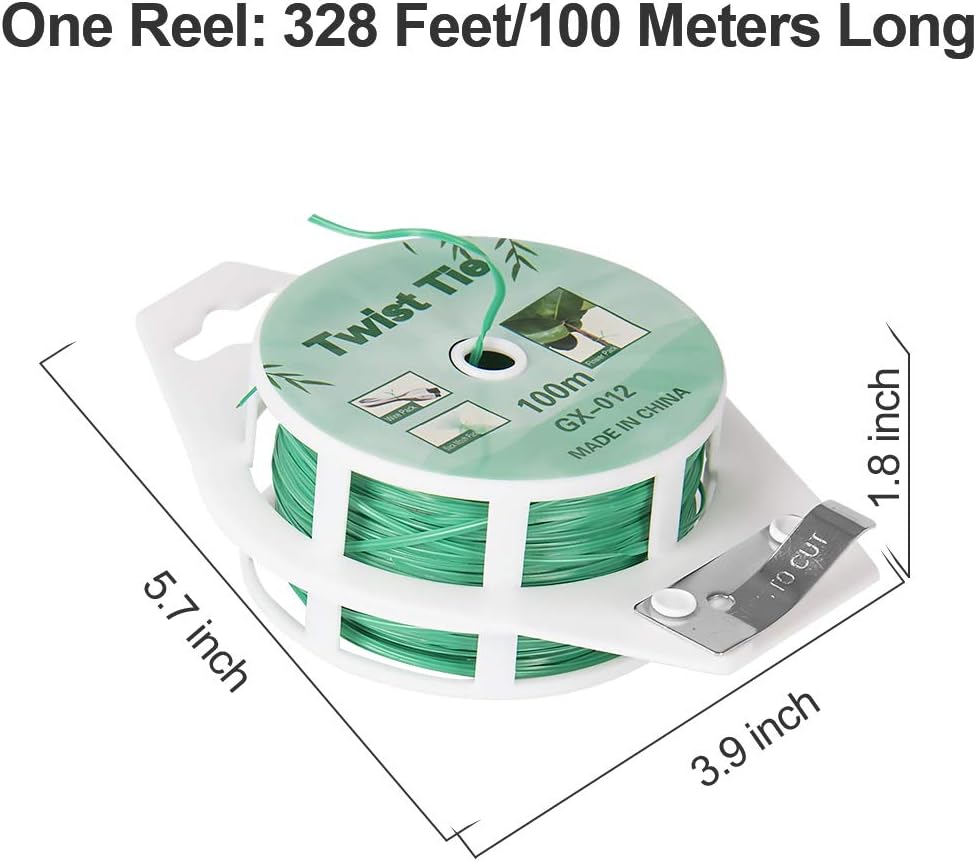 (2 Reels) Garden Wire, Twist Ties Heavy Duty with Cutter 328 Ft Multi-Function Green Coated Tape to Support Plant Tie Up Bags for Home Office (328 Feet / 100 m)-VerdiqueGarden