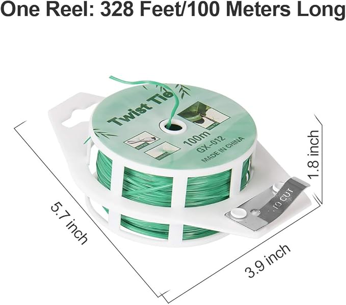(2 Reels) Garden Wire, Twist Ties Heavy Duty with Cutter 328 Ft Multi-Function Green Coated Tape to Support Plant Tie Up Bags for Home Office (328 Feet / 100 m)