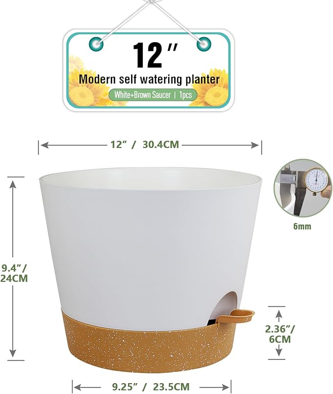 12 inch Large Self Watering Pots for Indoor Outdoor Plants, Flower Plant Pots with Drainage Holes for Garden House Plants, Plastic Planters with Reservoir for Home Plants, White with Brown-VerdiqueGarden