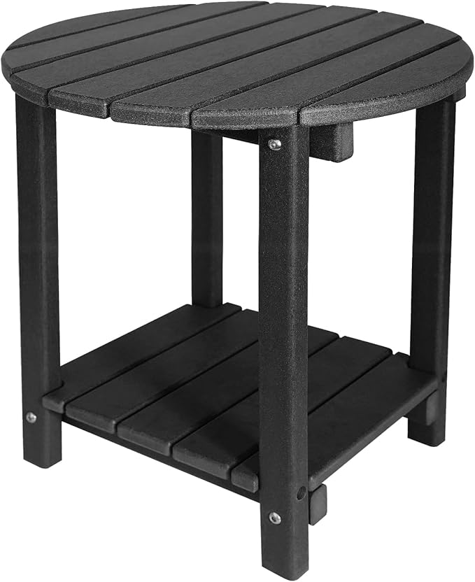 Adirondack Round Outdoor Side Table 2-Tier Storage Patio Side Table, HDPE End Tables for Backyard Pool Porch Garden Lawn (Black)-VerdiqueGarden