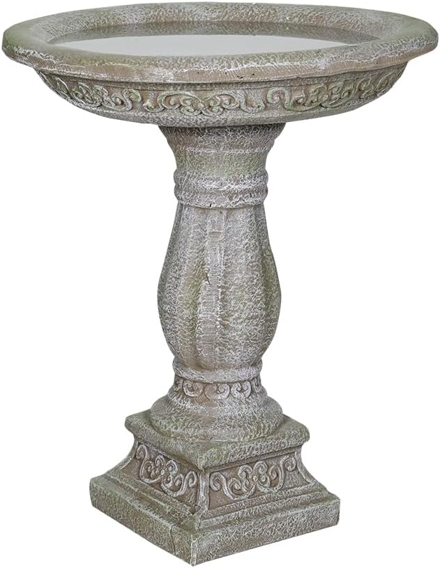 SunJet 23.8” H x 20” Dia Outdoor Birdbath with Exquisite Carvings Pedestal - Fibre Reinforced Concrete Birdbaths, Neoclassical Style Design for Garden Decor & Bird Attraction-VerdiqueGarden