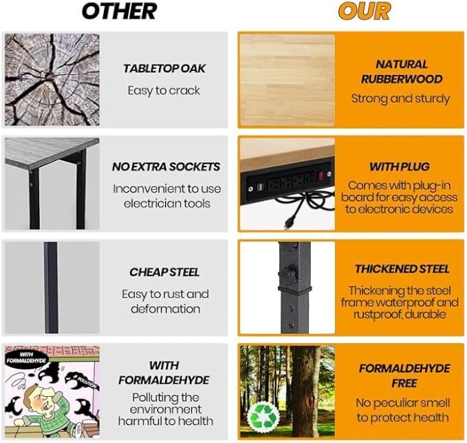 48" Adjustable Work Bench, Rubber Wood Top Workbench Heavy-Duty Work Table with Power Outlet, 2000 LBS Load Capacity Hardwood Work Benches for Garage, Workshop, Home, Office, Easy Assembly-VerdiqueGarden