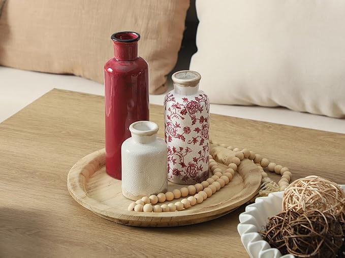 Vintage Vase Set of 3, Ceramic Vintage Flower Vases, Chinoiserie Decorative Home Decor Retro Floral Vase Rustic Farmhouse Decor for Table Bookshelf Mantel Kitchen Living Room Office - Red and White-VerdiqueGarden