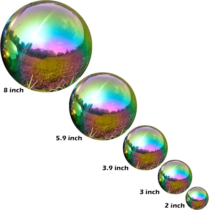 Nerien Gazing Ball, Stainless Steel Garden Mirror Globe, Polished Ornament Sphere, Hollow Floating Reflective Hemisphere, for Home Outdoor Pond Housewarming Swimming Pool Decoration, Rainbow, 8Pcs-VerdiqueGarden