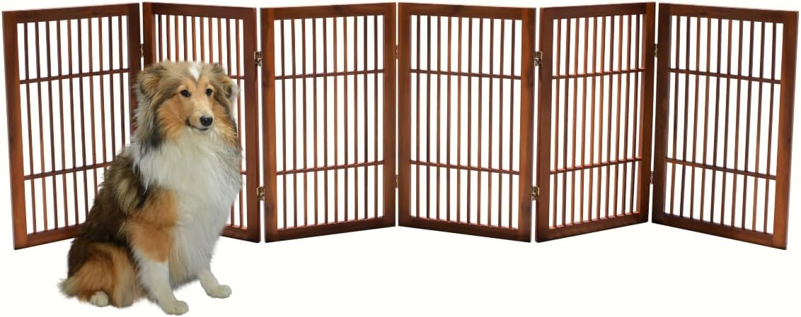 Pet Dog Gate Strong and Durable Freestanding Folding Acacia Hardwood Portable Wooden Fence Indoors or Outdoors by Urnporium (Brown Pet Gate, 6 Panel 30" Tall)-VerdiqueGarden