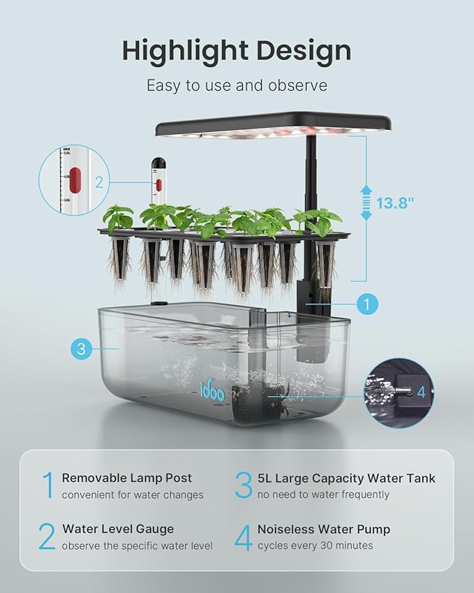 iDOO Hydroponics Growing System Kit 12 Pods, Christmas Gifts Gardening Gifts for Women Mom Dad Kids, Indoor Herb Garden with LED Grow Light for Home School, Indoor Plants Good for Mental Health-VerdiqueGarden