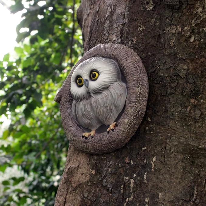 Baby Owl Resin Tree Face, Owlet Tree Hugger, Outdoor Sculpture for Tree Decorations, Whimsical Owl Garden Ornament, Tree Statue Peeker, Patio Yard Lawn Porch Decor, Durable & Waterproof Garden Present-VerdiqueGarden