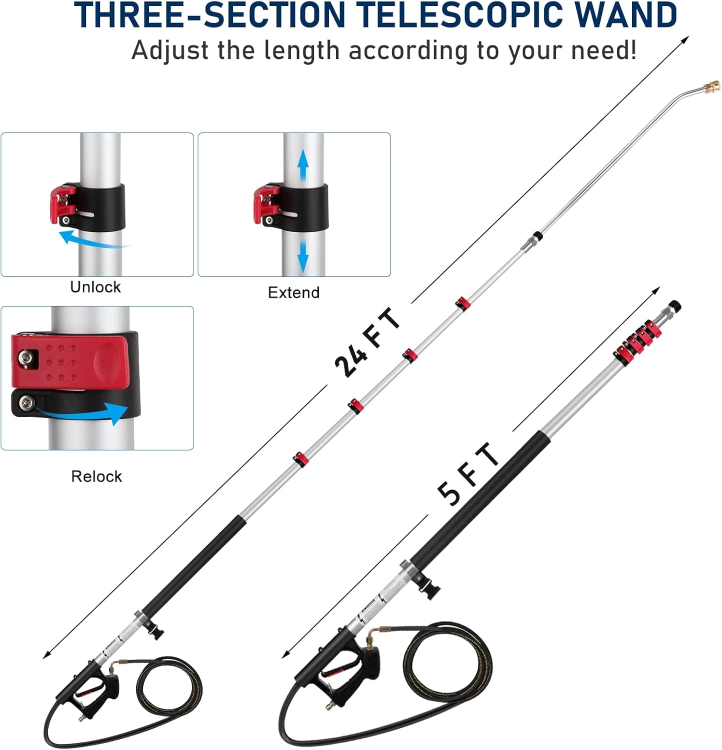Pressure Washer Extension Wand 24 FT, Extension Pole for Pressure Washer with Gutter Extension, and 5 Spray Nozzle Tips for Roof Fence Window Washing Gutter Cleaner-VerdiqueGarden