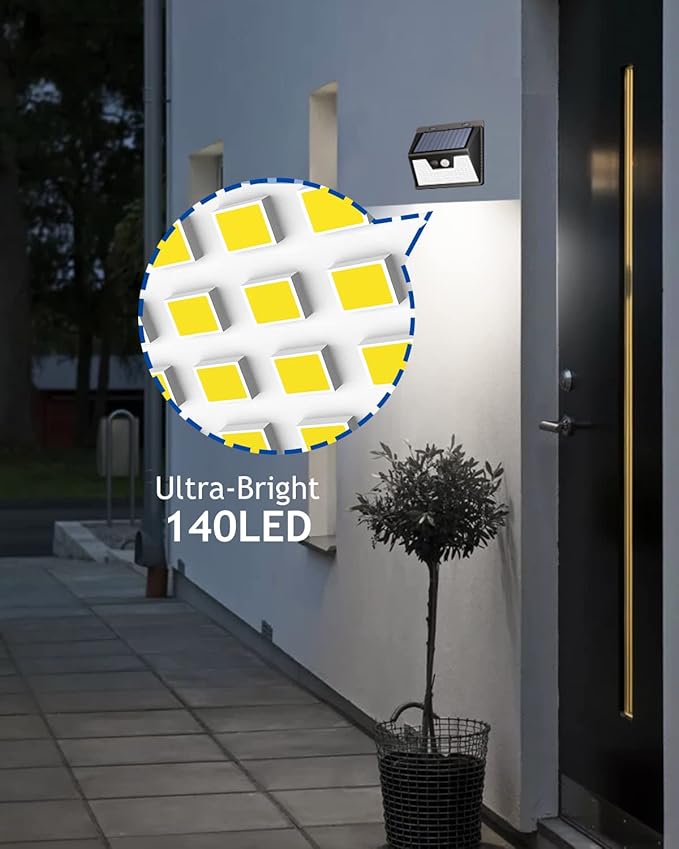 Peasur Solar Lights Outdoor Waterproof, 4 Pack 140LED Motion Sensor Light, 3 Modes Solar Powered Fence Security Lights for Patio Step Deck House Outside(Cool White)-VerdiqueGarden