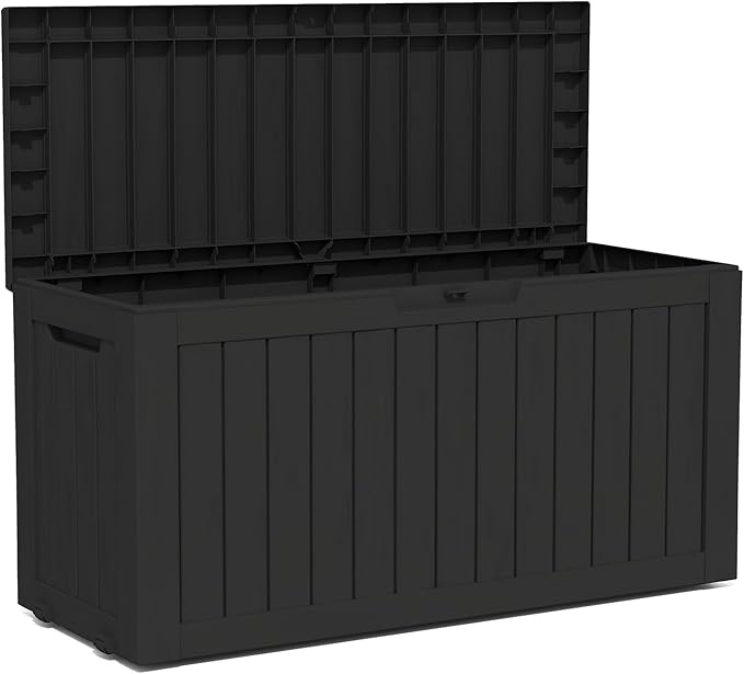 90 Gallon Lockable Resin Deck Box with Wheels, Waterproof & UV-Resistant Outdoor Storage Box for Outdoor Cushion Storage, Garden Tools & Pool Accessories Storage, Black-VerdiqueGarden