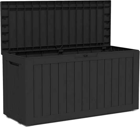90 Gallon Lockable Resin Deck Box with Wheels, Waterproof & UV-Resistant Outdoor Storage Box for Outdoor Cushion Storage, Garden Tools & Pool Accessories Storage, Black-VerdiqueGarden