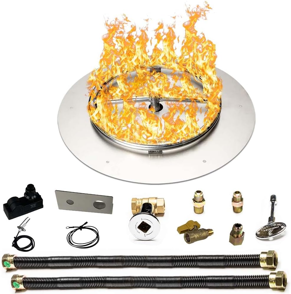 Stainless Steel Fire Pit Burner Pan & Ring Deluxe Kit for Natural Gas, 18-Inch Pan, 12-Inch Ring, 90,000 BTU Max-VerdiqueGarden