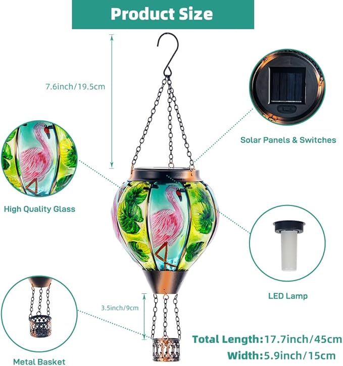 Starsoul 2 PC Flamingo Hot Air Balloon Solar Lantern with Flame Glass Outdoor Hanging Hot Air Balloon Solar Light Waterproof Garden Patio Yard Party Decorations-VerdiqueGarden