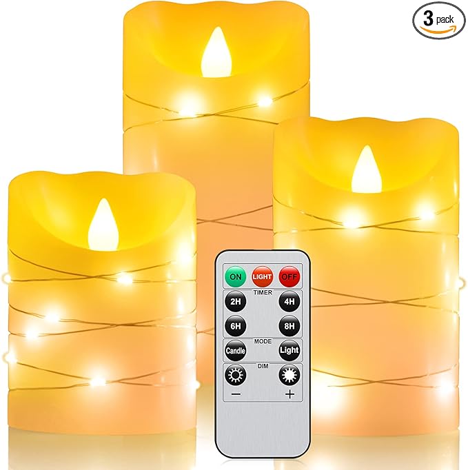 Flameless Flickering Candle, Pillar Candle,with Embedded String Lights,3 Pack LED Romantic Candle with Remote Control, Battery Operated Real Wax, Ideal for Wedding, Home decorand Holiday (Ivory)-VerdiqueGarden