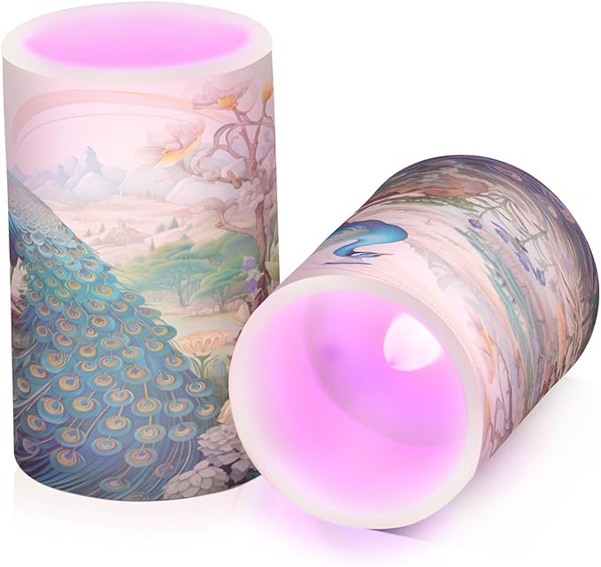 Flickering Flameless Candles, Peacock Garden LED Candles with Remote Timer, Set of 2 Battery Operated Candle for Valentine Wedding Birthday-VerdiqueGarden