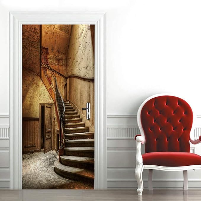 3D Door Wallpaper Self-Adhesive Door Sticker - Old Stairs - Door Film Poster Premium PVC Waterproof Wall Sticker for Bedroom Living Room Door Decoration Wallpaper 95 x 215 cm-VerdiqueGarden