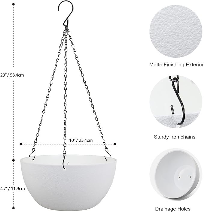 10 inch Hanging Planters for Indoor Outdoor Plants, 2 Pack Hanging Flower Pots with Drainage Holes and Chain for Garden Balcony Porch, Round Plastic Hanging Baskets for House Plants, White-VerdiqueGarden