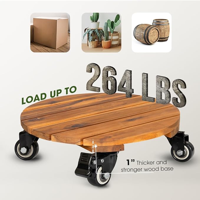 Idzo 2pack 12inches Wood Plant Caddy with Wheels Heavy Duty, 264 Lbs Capacity, Acacia Hardwood Plant Dolly, Plant Stand with 360° Lockable Wheels for Plant Pots, Heavy Objects Hauling - Natural Wood-VerdiqueGarden