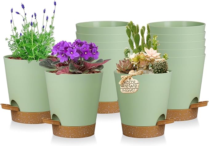 12 Pack 4 Inch Self Watering Plant Pots with Drainage and Saucers，Plastic Flower Pots for Indoor and Outdoor Plants, Nursery Planters for Houseplants and Herbs Green Brown, 4 inch 12pcs-VerdiqueGarden