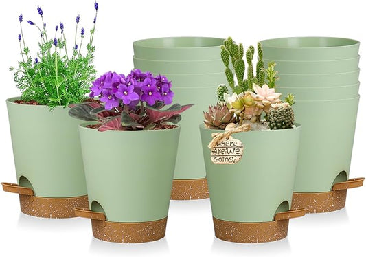12 Pack 4 Inch Self Watering Plant Pots with Drainage and Saucers，Plastic Flower Pots for Indoor and Outdoor Plants, Nursery Planters for Houseplants and Herbs Green Brown, 4 inch 12pcs-VerdiqueGarden