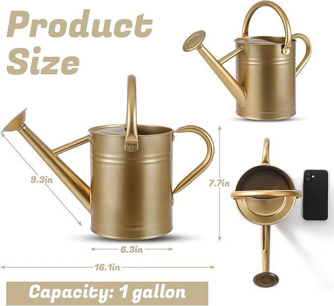1 Gallon Watering Can for Plants, Watering Cans for Indoor&Outdoor Gardening, Galvanized Steel Watering Pot with Removable Spout, Metal Water Can with Ergonomic Movable Handle(Gold)-VerdiqueGarden